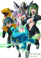 Rule 34 | 3boys, 4girls, :d, :o, adjusting eyewear, agumon, angewomon, artist name, ascot, asymmetrical clothes, bare shoulders, bike shorts, bikini, bikini top only, black bikini, black dress, black footwear, black hair, black jacket, black legwear, black shirt, black shorts, blackwargreymon, blackwargreymon x-antibody, blonde hair, blue eyes, blue pants, boots, bow, bowtie, breasts, capri pants, carrying, carrying under arm, cleavage, clenched hand, commentary, covered eyes, derivative work, digimoji, digimon, digimon (creature), digimon world re:digitize, dress, everyone, full body, gaomon, glasses, goggles, goggles around neck, goggles on head, green eyes, green hair, green vest, hair between eyes, hair ornament, hairclip, head wings, helmet, highres, hood, hood up, hooded jacket, hug, jacket, keyliom, knee boots, kuga yuuya, large breasts, long hair, long sleeves, looking at another, looking to the side, medium breasts, midriff, mikagura mirei, multiple boys, multiple girls, navel, nicolai petrov, opaque glasses, open mouth, orange eyes, pants, parted lips, partially unzipped, piggyback, pink eyes, pink hair, piyomon, print footwear, print jacket, print shorts, purple-framed eyewear, purple bow, purple eyes, purple hair, purple neckwear, ribbon, rindou akiho, shinomiya rina, shirt, short hair, short hair with long locks, shorts, sidelocks, simple background, sleeveless, sleeveless dress, smile, socks, standing, standing on one leg, striped clothes, striped legwear, striped thighhighs, swimsuit, taiga (digimon), teeth, thighhighs, twintails, two-tone bikini, underboob, upper teeth only, v-mon, vest, watch, white background, white bikini, white dress, white shirt, white vest, wings, wristwatch, x hair ornament