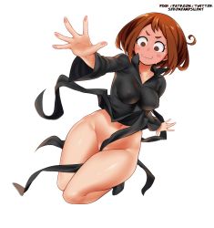 Rule 34 | 1girl, :d, alternate costume, blush, blush stickers, boku no hero academia, bottomless, breasts, brown eyes, brown hair, closed mouth, clothes lift, collared dress, cosplay, dress, dress lift, embarrassed, floating, floating clothes, highres, medium breasts, navel, no bra, no panties, one-punch man, open mouth, sereneandsilent, shoes, short hair, sidelocks, simple background, smile, solo, superhero costume, tatsumaki, tatsumaki (cosplay), telekinesis, thick eyebrows, thick thighs, thighs, uraraka ochako, white background