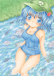 Rule 34 | 1girl, blue eyes, blue hair, breasts, fish, grass, hair bobbles, hair ornament, hat, kawashiro nitori, matching hair/eyes, medium breasts, one-piece swimsuit, river, rock, satsuki (gogotaru), school swimsuit, short hair, sitting, solo, swimsuit, touhou, traditional media, twintails, two side up, water