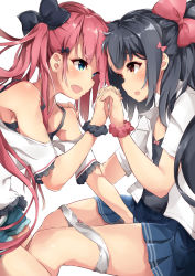 Rule 34 | 2girls, black bow, black hair, blush, bow, bow panties, brown eyes, commentary request, eye contact, eyelashes, fang, green eyes, hair bow, holding hands, implied fingering, interlocked fingers, kurasumeito (sushiotaku0705), looking at another, multiple girls, open mouth, original, panties, panty pull, pink bow, pink hair, pleated skirt, scrunchie, short sleeves, skirt, underwear, white background, wrist scrunchie, yuri