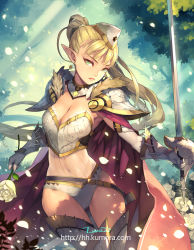 Rule 34 | 1girl, armor, blonde hair, breasts, cape, cleavage, covered navel, earrings, expressionless, flower, fur trim, gauntlets, green eyes, hat, holding, holding weapon, jewelry, knight, leotard, long hair, looking at viewer, luoxuan jingjie xian, lvans, navel, original, parted lips, pauldrons, pointy ears, ponytail, rose, sheath, shoulder armor, sleeveless, solo, star (symbol), sword, thighhighs, translucent, weapon, white flower, white rose