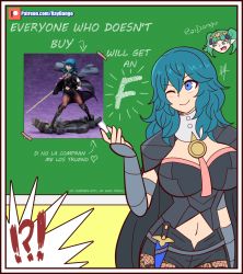 Rule 34 | !?, 2girls, artist name, blue eyes, blue hair, byleth (female) (fire emblem), byleth (fire emblem), chalk, chalkboard, closed mouth, english text, fire emblem, fire emblem: three houses, green eyes, green hair, headgear, highres, intelligent systems, medium hair, multiple girls, nintendo, one eye closed, open mouth, pointy ears, raydango, sothis (fire emblem)