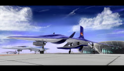 Rule 34 | ace combat, ace combat 3, aircraft, airplane, ara (ara 13b), blue sky, building, cloud, emblem, fighter jet, hangar, highres, jet, landing gear, letterboxed, military, military vehicle, namco, neucom incorporated, no humans, r-101 delphinus i, r-101 dephinus i, r-102 delphinus ii, r-103 delphinus iii, science fiction, sky, vehicle focus