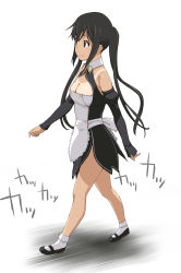 Rule 34 | 1girl, a1 (initial-g), absurdres, apron, bare shoulders, black hair, breasts, bridal gauntlets, brown eyes, cleavage, cleavage cutout, clothing cutout, cosplay, dream c club, dream c club (series), full body, highres, k-on!, long hair, mary janes, medium breasts, nakano azusa, one-piece tan, setsu (dream c club), setsu (dream c club) (cosplay), shoes, simple background, smile, socks, solo, tan, tanline, twintails, walking, white socks