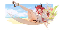 Rule 34 | 1girl, absurdres, acr (dash), arknights, barefoot, bikini, black bikini, burnt clothes, criss-cross halter, demon girl, demon horns, feet, hair ornament, hair rings, halterneck, highres, horns, incredibly absurdres, long hair, looking at viewer, official alternate costume, purple eyes, red hair, sandals, shoes, soles, star (symbol), star hair ornament, surtr (arknights), surtr (colorful wonderland) (arknights), swimsuit, swimsuit cover-up, thigh strap, toes
