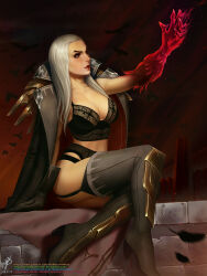 Rule 34 | 1girl, animal, bird, black bra, black coat, black panties, boots, bra, brown footwear, brown gloves, coat, colored skin, garter straps, gloves, grey hair, highres, lace, lace-trimmed bra, lace trim, league of legends, long hair, looking up, panties, red background, red coat, red lips, red skin, sitting, swain (league of legends), themaestronoob, thigh boots, two-sided coat, two-sided fabric, underwear, watermark, web address
