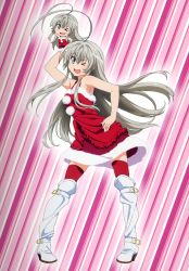 Rule 34 | 1girl, absurdres, ahoge, bare shoulders, boots, christmas, contrapposto, dress, full body, fur trim, grey hair, haiyore! nyaruko-san, hand puppet, highres, knee boots, long hair, looking at viewer, nyarlathotep (nyaruko-san), official art, pom pom (clothes), puppet, red dress, red skirt, red thighhighs, santa costume, simple background, skirt, sleeveless, sleeveless dress, standing, striped, striped background, thighhighs, white footwear, white thighhighs
