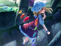 Rule 34 | 1girl, :p, blonde hair, blurry, bobby socks, depth of field, flandre scarlet, from above, full body, glowing, hat, hedge, highres, ibuki notsu, laevatein, licking, looking at viewer, looking back, mob cap, red eyes, side ponytail, socks, solo, standing, tongue, tongue out, touhou, white socks, wings, wrist cuffs