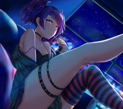 Rule 34 | 1girl, absurdres, black tank top, blunt bangs, blush, breasts, candy, choker, city lights, cleavage, couch, ear piercing, food, green jacket, grey skirt, highres, idolmaster, idolmaster shiny colors, indoors, jacket, leg up, lollipop, looking at viewer, medium breasts, night, night sky, piercing, pillow, pleated skirt, purple eyes, purple hair, rama (yu-light8), single thighhigh, sitting, skindentation, skirt, sky, solo, star (sky), starry sky, strap slip, striped clothes, striped thighhighs, tanaka mamimi, tank top, thigh strap, thighhighs, twintails, window