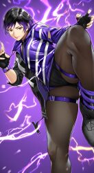 Rule 34 | 1girl, absurdres, black and purple hair, black hair, breasts, collar, english text, fighting stance, fingerless gloves, gloves, highres, hood, imminent kick, jacket, martial arts, multicolored clothes, multicolored hair, multicolored jacket, namco, open clothes, purple eyes, purple hair, purple jacket, reina (tekken), short hair, shorts, smile, solo, tekken, tekken 8, textless version, thick thighs, thighs, yoshio (55level)