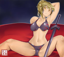 Rule 34 | 00s, 1girl, arm up, armpits, artoria pendragon (fate), blonde hair, bra, curvy, excalibur morgan (fate), fate/stay night, fate (series), kosame daizu, lingerie, panties, saber (fate), saber alter, sitting, solo, spread legs, sword, underwear, underwear only, weapon, yellow eyes