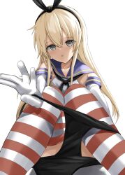 Rule 34 | 1girl, absurdres, black hairband, black neckerchief, black panties, blonde hair, blue sailor collar, crop top, disuto, elbow gloves, gloves, grey eyes, hairband, highres, kantai collection, long hair, neckerchief, panties, sailor collar, shimakaze (kancolle), simple background, solo, striped clothes, striped thighhighs, thighhighs, underwear, undressing, white background, white gloves