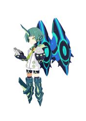Rule 34 | 1boy, absurdres, bike shorts, bright pupils, detached wings, disgaea, full body, green eyes, green hair, harada takehito, highres, horns, joints, large hands, makai senki disgaea 7, official art, photoshop (medium), robot joints, short hair, simple background, single horn, solo, suisen (disgaea), white background, wings