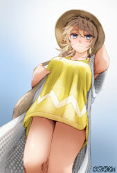 Rule 34 | 1girl, armpits, artist name, blonde hair, blue eyes, blush, breasts, carrying bag, commentary request, earrings, ergot, from below, gradient background, hair between eyes, hand on headwear, hat, highres, jewelry, kantai collection, large breasts, light smile, looking at viewer, messy hair, shirt, solo, straw hat, tuscaloosa (kancolle), yellow shirt
