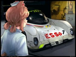 Rule 34 | 1girl, animal ears, balladeluce, black border, blue eyes, blush, border, brown hair, car, character name, circuit de la sarthe, hat, highres, horse ears, horse girl, horse tail, le mans prototype, looking ahead, low twintails, michelin, michelin man, motor vehicle, parted lips, peugeot, peugeot 905, race vehicle, racecar, sailor hat, short hair, short twintails, spoiler (automobile), tail, trophy, twintails, umamusume, vehicle focus, vehicle name, venus paques (umamusume), white headwear, world sportscar championship