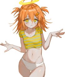 Rule 34 | 1girl, :&lt;, frost fog, halo, highres, navel, orange hair, original, panties, ringed eyes, shirt, solo, striped clothes, striped shirt, tank top, tears, underwear, white background, white panties, yellow eyes, yellow tank top