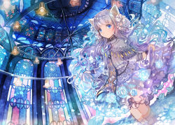Rule 34 | 1girl, animal ears, blue eyes, boots, brooch, capelet, cat ears, church, dress, dutch angle, gem, grey hair, hair ornament, hairpin, highres, indoors, jewelry, lamp, layered dress, light, long hair, looking at viewer, original, rioka (southern blue sky), blue gemstone, skirt hold, solo, stained glass, standing, tassel, very long hair, wavy hair, wheel, white dress, window