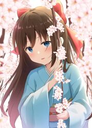 Rule 34 | 1girl, absurdres, blue eyes, blue kimono, blurry, blurry background, blurry foreground, blush, bow, branch, brown hair, cherry blossoms, commentary request, depth of field, hair between eyes, hair bow, half updo, highres, holding, holding branch, japanese clothes, kimono, long hair, love live!, love live! nijigasaki high school idol club, obi, osaka shizuku, pink sash, red bow, sash, sidelocks, solo, upper body, wide sleeves, yutuki ame