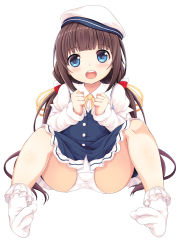 Rule 34 | 10s, 1girl, :d, beret, blue dress, blue eyes, blush, bobby socks, brown hair, clenched hands, dress, feet, full body, hat, head tilt, highres, hinatsuru ai, layered sleeves, long hair, long sleeves, low twintails, no shoes, open mouth, panties, puffy short sleeves, puffy sleeves, ryuuou no oshigoto!, sakuraba hikaru (loveindog), school uniform, short over long sleeves, short sleeves, simple background, sitting, smile, socks, soles, solo, teeth, twintails, underwear, upper teeth only, very long hair, white background, white hat, white panties, white socks