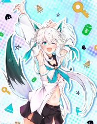 Rule 34 | 1girl, absurdres, ahoge, animal ears, armpits, arms up, black shorts, blue neckerchief, blush, braid, commentary request, detached sleeves, earrings, fox ears, fox girl, fox tail, green eyes, hair between eyes, highres, hololive, hood, hoodie, jewelry, joker oowo, long hair, looking at viewer, midriff, navel, neckerchief, one eye closed, open mouth, oruyanke (shirakami fubuki), pentagram, shirakami fubuki, shirakami fubuki (1st costume), shorts, sidelocks, single braid, solo, tail, virtual youtuber, white hair, white hoodie, white sleeves