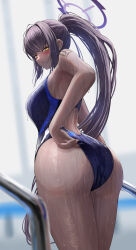 Rule 34 | 1girl, alternate costume, ass, back cutout, bare arms, bare shoulders, black hair, blue archive, blue one-piece swimsuit, blush, breasts, closed mouth, clothing cutout, competition swimsuit, from behind, halo, highres, karin (blue archive), large breasts, long hair, looking at viewer, looking back, one-piece swimsuit, ponytail, silver bullet (ecc12 8), solo, swimsuit, thighs, wet, yellow eyes