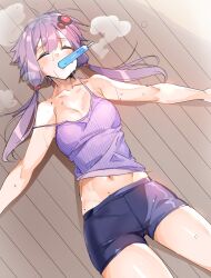 Rule 34 | 1girl, ajishio, bare shoulders, bike shorts, blush, breasts, camisole, closed eyes, food, highres, hot, lying, navel, on back, popsicle, purple hair, short shorts, shorts, small breasts, solo, steaming body, strap slip, sweat, twintails, vocaloid, voiceroid, yuzuki yukari