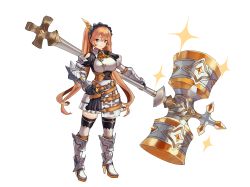 Rule 34 | 1girl, :3, armor, belt, blue eyes, blush, brown hair, closed mouth, clothing cutout, greaves, greentanuki, hair between eyes, hammer, hand on own hip, high heels, highres, holding, holding weapon, huge weapon, long hair, original, paladin, shoulder cutout, simple background, skindentation, smile, solo, sparkle, sparkling eyes, standing, twintails, vambraces, very long hair, weapon, white background, white legwear, yellow pupils