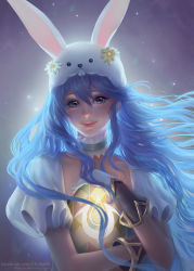 Rule 34 | 1girl, absurdres, animal ears, animal hat, artist name, blue eyes, blue hair, choker, chuby mi, closed mouth, deviantart username, easter, easter egg, egg, eyelashes, facebook username, fake animal ears, fire emblem, fire emblem awakening, fire emblem heroes, flower, frilled choker, frills, gloves, hair between eyes, hat, hat flower, highres, holding, lips, long hair, looking at viewer, lucina (fire emblem), lucina (spring) (fire emblem), nintendo, nose, official alternate costume, oversized object, pink lips, rabbit ears, rabbit hat, realistic, red lips, short sleeves, smile, solo, sparkle, upper body, watermark, web address, white hat