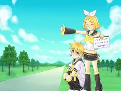 Rule 34 | 1boy, 1girl, blonde hair, bow, brother and sister, day, happy, hitchhiking, holding, holding sign, kagamine len, kagamine rin, midriff, notebook, ozonenozo, road, siblings, sign, sign holding, sky, smile, squatting, tree, twins, vocaloid