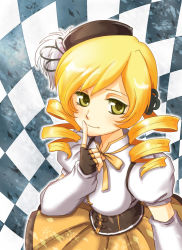 Rule 34 | 10s, 1girl, beret, blonde hair, breasts, checkered background, corset, detached sleeves, drill hair, female focus, finger to mouth, fingerless gloves, gloves, hat, leeillust, magical girl, mahou shoujo madoka magica, mahou shoujo madoka magica (anime), pleated skirt, shirt, skirt, smile, solo, taut clothes, taut shirt, tomoe mami, yellow eyes