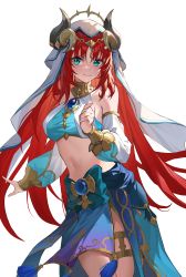 Rule 34 | 1girl, absurdres, aqua eyes, breasts, brooch, closed mouth, cowboy shot, crop top, detached sleeves, forehead jewel, genshin impact, harem outfit, highres, horns, jewelry, long hair, long sleeves, looking at viewer, medium breasts, neck ring, nilou (genshin impact), paradox (parapa), parted bangs, pelvic curtain, red hair, sidelocks, simple background, skirt, smile, solo, tassel, thighlet, thighs, twintails, vambraces, veil, vision (genshin impact), white background
