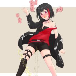 Rule 34 | 1girl, arm up, bang dream!, black hair, black jacket, black shorts, black thighhighs, blush, breasts, brown background, choker, cleavage, clenched hand, collarbone, earrings, embarrassed, female focus, highres, hood, hoodie, hoop earrings, jacket, japanese text, jewelry, legs apart, long sleeves, mitake ran, multicolored hair, necklace, nose blush, off shoulder, open mouth, peeing, peeing self, purple eyes, red hair, red shirt, sen no yugami, shirt, short hair, short shorts, shorts, simple background, single thighhigh, skindentation, sleeveless, sleeveless shirt, small breasts, solo, speech bubble, standing, streaked hair, sweat, talking, tattoo, tears, thigh strap, thighhighs, torn clothes, torn shirt, translation request, trembling, undershirt, wet, wet clothes