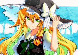 Rule 34 | 1girl, alternate eye color, black dress, black hat, blonde hair, blouse, blurry, border, bow, bowtie, braid, breasts, buttons, closed mouth, collared shirt, commentary request, dress, eyes visible through hair, fingernails, forest, frills, green bow, green bowtie, green hair, grey shirt, hair between eyes, hair bow, hand on headwear, hand up, hat, hat bow, highres, kirisame marisa, long hair, looking at viewer, medium breasts, multicolored hair, nature, outside border, puffy short sleeves, puffy sleeves, qqqrinkappp, red bow, shirt, short sleeves, silhouette, single braid, smile, solo, touhou, traditional media, tree, underwear, white background, white border, white bow, witch hat