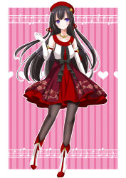 Rule 34 | 1girl, black hair, black pantyhose, blue eyes, boots, clenched hand, elbow gloves, gloves, hair ribbon, hat, heart, itsumoto hiroharu, long hair, looking at viewer, musical note, original, pantyhose, quaver, ribbon, skirt, solo, standing, standing on one leg, striped, striped background, vertical stripes, very long hair, white gloves, wrist extended