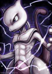Rule 34 | abs, absurdres, blue eyes, closed mouth, creatures (company), electricity, game freak, gen 1 pokemon, highres, legendary pokemon, mewtwo, mixed-language commentary, nintendo, pokemon, pokemon (creature), serious, silverchariotx, solo, tail, upper body