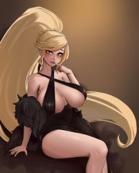Rule 34 | 1girl, arm support, bare shoulders, black dress, black nails, blonde hair, blush, braid, breasts, cleavage, dress, evening gown, finger to mouth, gradient background, heterochromia, high ponytail, highres, hilda (under night in-birth), huge breasts, long hair, nail polish, roresu, sitting, swept bangs, thighs, under night in-birth, very long hair, yellow background