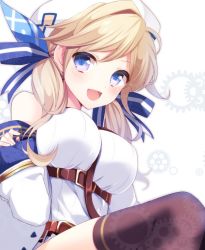 Rule 34 | 10s, 1girl, :d, agekichi (heart shape), bad id, bad twitter id, bare shoulders, beret, between breasts, black thighhighs, blonde hair, blue eyes, blue ribbon, blush, breasts, cucouroux (granblue fantasy), detached sleeves, gears, granblue fantasy, hair between eyes, hair ribbon, hat, long hair, long sleeves, medium breasts, open mouth, ribbon, sleeves past wrists, smile, solo, strap between breasts, thighhighs, twintails
