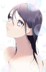 Rule 34 | 1girl, absurdres, bad id, bad twitter id, blurry, blurry foreground, bubble, depth of field, hair between eyes, highres, long hair, looking up, mole, mole on neck, nude, original, parted lips, pink lips, purple eyes, purple hair, sogawa, solo, upper body, wet, wet hair