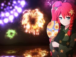 Rule 34 | 1girl, aerial fireworks, black kimono, blue eyes, braid, closed mouth, commentary, fireworks, floral print, flower, hair flower, hair ornament, hand fan, holding, holding fan, hong meiling, japanese clothes, kimono, lake, long sleeves, night, night sky, outdoors, paper fan, pink flower, print kimono, red hair, reflection, shirosato, side ponytail, sky, smile, solo, star (symbol), star hair ornament, star print, sunflower print, symbol-only commentary, touhou, twin braids, uchiwa, water, wide sleeves, yukata