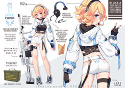Rule 34 | 1girl, :o, ammunition box, artist name, ass, bipod, black choker, black footwear, black gloves, black shirt, blonde hair, blue eyes, blush, choker, closed mouth, commentary, crop top, english commentary, english text, fingerless gloves, gloves, gun, hand up, headphones, headset, holding, holding gun, holding weapon, hood, hood down, hyanna-natsu, long sleeves, looking at viewer, looking back, midriff, multiple views, navel, original, parted lips, profile, puffy long sleeves, puffy sleeves, rifle, scope, shirt, shoes, short shorts, shorts, shrug (clothing), smile, sneakers, sniper rifle, v, watermark, weapon, white shorts