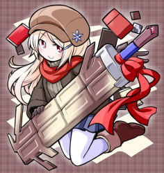 Rule 34 | 1girl, boots, candy, chocolate, chocolate bar, coat, exice-zero, food, full body, gloves, hair ornament, hairclip, hat, hat ornament, highres, kugelschreiber, long hair, looking at viewer, original, pantyhose, red eyes, ribbed sweater, ribbon, scarf, simple background, skirt, smile, solo, sweater, sword, valentine, weapon, white pantyhose, winter clothes
