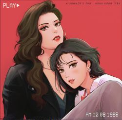 Rule 34 | 2girls, a summer&#039;s end: hong kong 1986, black hair, black jacket, bow, bowtie, brown eyes, brown hair, brown jacket, commentary, copyright name, earrings, english commentary, hair behind ear, highres, jacket, jewelry, leaning on person, lilaccu, long hair, looking at viewer, medium hair, multiple girls, official art, parted lips, red neckwear, second-party source, yuri