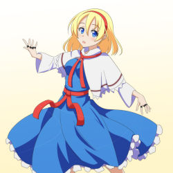 Rule 34 | 1girl, :o, alice margatroid, blonde hair, blue eyes, blush, bolo tie, breasts, capelet, cato (monocatienus), dress, hairband, jewelry, looking at viewer, open mouth, puppet strings, ring, sash, solo, string, touhou