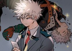 Rule 34 | 1boy, adam&#039;s apple, bakugou katsuki, black pants, blazer, blonde hair, boku no hero academia, card, chiyaya, closed eyes, closed mouth, collared shirt, diffraction spikes, double horizontal stripe, eyebrows hidden by hair, falling, film grain, floating, from side, gloves, glowing, green gloves, grey background, grey jacket, hair between eyes, hair slicked back, hand up, happy, high collar, highres, holding, holding card, jacket, lapels, light, looking at object, looking down, male focus, midair, multiple views, necktie, notched lapels, open collar, orange eyes, orange gloves, outstretched arm, pants, parted lips, profile, radar chart, red necktie, school uniform, shirt, short hair, sideways mouth, smile, spiked hair, spoilers, torn clothes, trading card, two-tone gloves, u.a. school uniform, unconscious, upper body, white shirt, wing collar, wrist guards, x