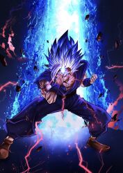 Rule 34 | 1boy, aura, brown footwear, commentary, dougi, dragon ball, dragon ball super, dragon ball super super hero, electricity, english commentary, finger on forehead, full body, gohan beast, highres, long hair, makankousappou, male focus, muscular, muscular male, n k0918, pants, powering up, purple pants, purple shirt, red eyes, red sash, sash, serious, shirt, solo, son gohan, spiked hair, torn clothes, torn shirt, white hair
