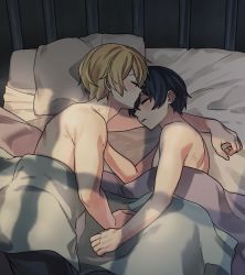 Rule 34 | 2boys, bad id, bad pixiv id, bed, bed sheet, black hair, blonde hair, closed eyes, commentary, couple, eugeo, from above, highres, holding hands, kirito, lying, male focus, multiple boys, on bed, on side, parted lips, pillow, ryeonghwa, short hair, sleeping, sword art online, sword art online: alicization, yaoi
