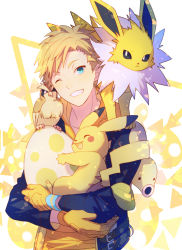 Rule 34 | 1boy, bellsprout, blonde hair, blue eyes, commentary request, creatures (company), egg, game freak, gen 1 pokemon, gloves, holding, jolteon, looking at viewer, male focus, natural wind, nintendo, one eye closed, pidgey, pikachu, pokemon, pokemon (creature), pokemon egg, pokemon go, smile, spark (pokemon), teeth, upper body
