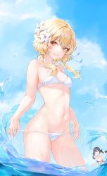 Rule 34 | 2girls, absurdres, bare arms, bare shoulders, bikini, bikini pull, blonde hair, blue sky, breasts, clothes pull, contrapposto, day, flower, genshin impact, grin, groin, hair flower, hair ornament, halterneck, highres, leviathan (hikinito0902), looking at viewer, lumine (genshin impact), mona (genshin impact), multiple girls, navel, orange eyes, outdoors, short hair with long locks, sky, small breasts, smile, solo focus, stomach, string bikini, sunlight, swimsuit, thighs, wading, water, white bikini