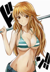 Rule 34 | 1girl, bangle, bikini, bikini top only, bracelet, breasts, brown eyes, brown hair, cleavage, collarbone, commentary request, earrings, jewelry, large breasts, log pose, long hair, looking at viewer, md5 mismatch, nami (one piece), nannacy7, navel, one piece, revision, simple background, smile, solo, standing, striped bikini, striped clothes, swimsuit, white background