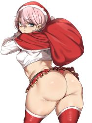 Rule 34 | 1girl, ass, bag, blue eyes, blush, breasts, cameltoe, cape, christmas, earrings, embarrassed, from behind, hat, highres, huge ass, jewelry, looking at viewer, looking back, miniskirt, original, piercing, pink hair, santa costume, shiny skin, short hair, sideboob, skirt, solo, thighhighs, thong, urec
